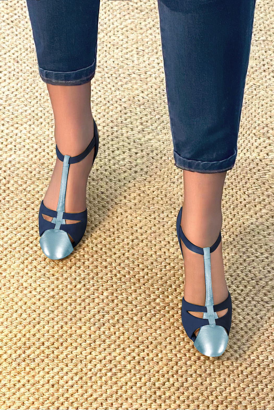 Peacock blue women's open back T-strap shoes. Round toe. Medium slim heel. Worn view - Florence KOOIJMAN